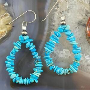 Chunky Turquoise Beads Sterling Silver Teardrop Hoop Earrings For Women